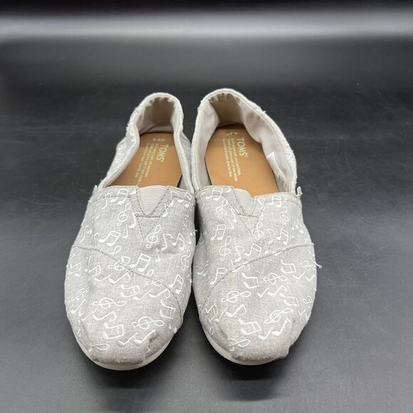 TOMS Musical Notes Canvas Slip-on Shoes Womens Size 9.5 Mocs Music Gray White - Picture 2 of 11